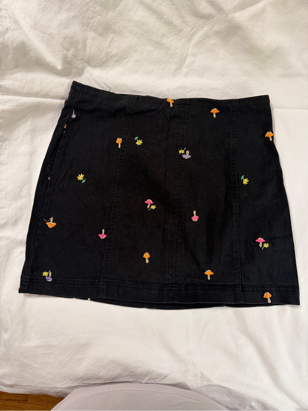 Tinseltown Black Mini Skirt with Colorful Mushroom Embroidery